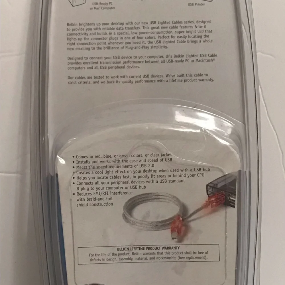 Belkin USB Red Lighted Cable - 6 feet -F3U144-06-RED - New in box.